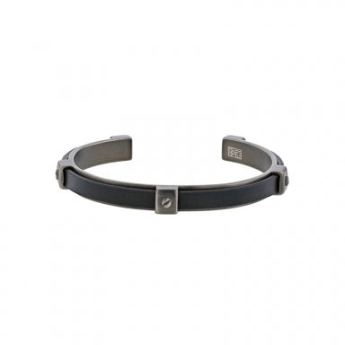 Bangle in weathered steel and black cowhide leather