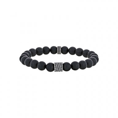 Black agate bead stretch bracelet with reptile finish steel trim