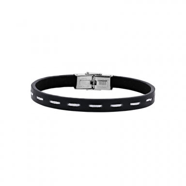 Black cowhide leather bracelet with white cotton thread and steel clasp