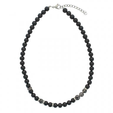 Black Onyx and Quartz bead necklace with steel trim