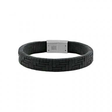 Black plaited cowhide leather bracelet with magnetic steel clasp