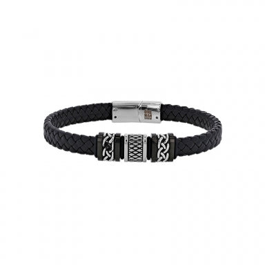 Black plaited cowhide leather bracelet with 3 steel and black steel chain patterns