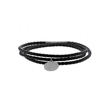 Black plaited triple wrap cowhide leather bracelet with round plaque and steel clasp