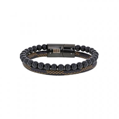 Bracelet For Men Black stainless steel and Black Agate with Man-made fabric