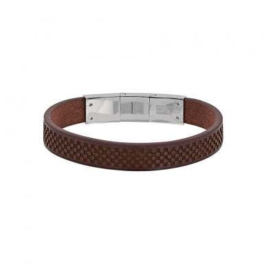 Chequerboard finish brown leather bracelet for Him with steel clasp