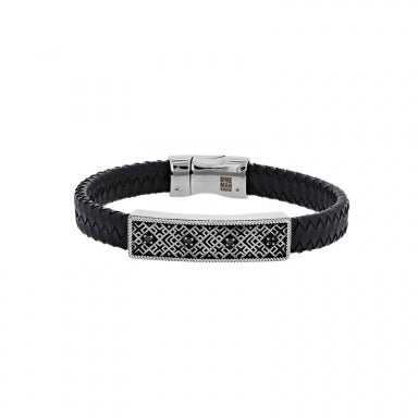 Bracelet steel and black cowhide leather, Baroque plaque with black cubic zirconia, magnetic clasp