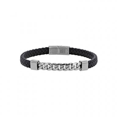 Bracelet with steel curb chain and black plaited cowhide leather