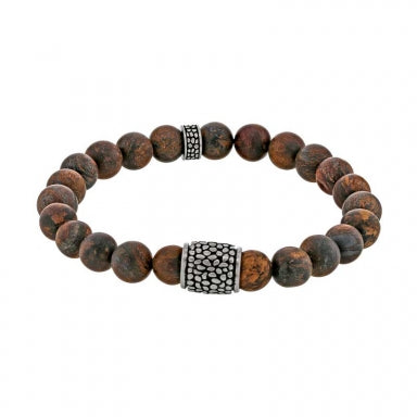 Bronzite bead bracelet with steel reptile type trim