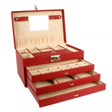 Jewelery box sheathed in burgundy grained look with drawers and lock