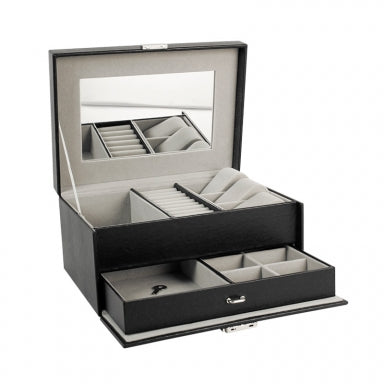 Black smooth sheathed jewelry box with drawer