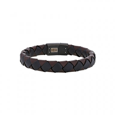 Criss-crossed black and brown cowhide leather bracelet with black steel clasp