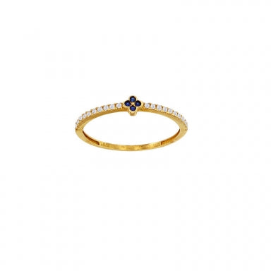 9ct gold and cubic zirconia ring, blue flower motif, with white pavé set shoulders