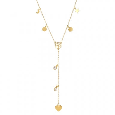 18ct gold charm station lasso necklace, cubic zirconia, moons, hearts and trees of life