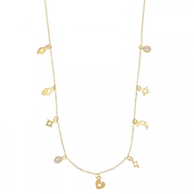 18ct gold charm station necklace, cubic zirconia and Hamsas, Moons, Stars etc.