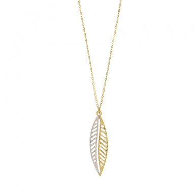 9ct gold necklace in trace chain with feather detail, 45cm