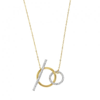 9ct gold necklace with entwined two-tone circles and a bar of white gold