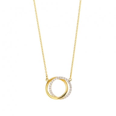 9ct gold necklace with two entwined circles, one of which is encrusted with cubic zirconia