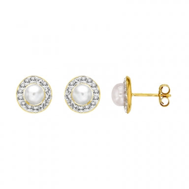 9 ct gold round cultured freshwater pearl stud earrings with cubic zirconia surround