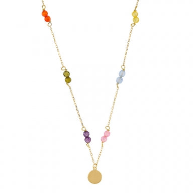 18ct gold station necklace set with coloured cubic zirconia and round charm