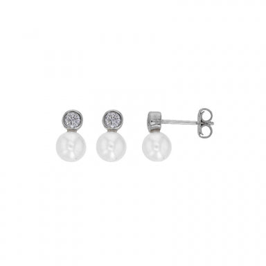 Cultured freshwater pearl earrings, bezel set cubic zirconia on rhodium-plated sterling silver