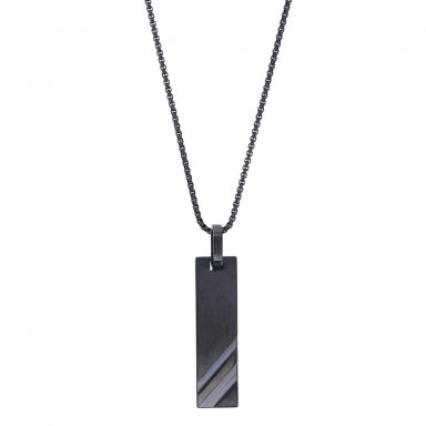 Dark blue steel box chain necklace with striped rectangular pendant