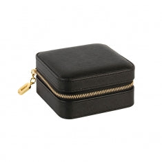 Embossed black man-made leatherette square jewellery box with zip fastener