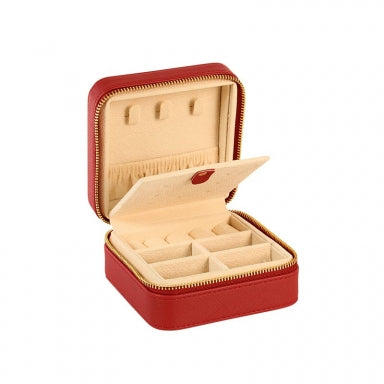 Embossed red man-made leatherette square jewellery box with zip fastener