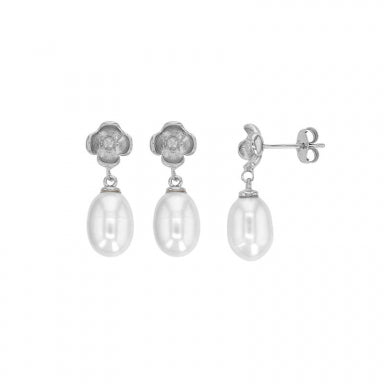 Flower and cultured freshwater pearl earrings in rhodium-plated sterling silver