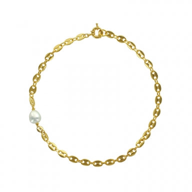 Gold-coloured brass coffee bean chain necklace with baroque style Majorica pearl