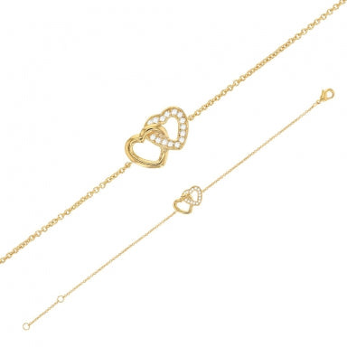 Gold plated bracelet featuring entwined heart detail, set with cubic zirconia