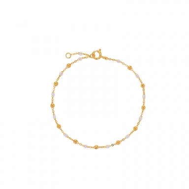 Gold-plated bracelet with small white resin and gold-plated beads