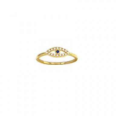 " Gold plated eye-shaped ring set with a central sapphire and surrounded by cubic zirconia"