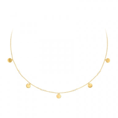 Gold-plated necklace with white synthetic stone beads and discs