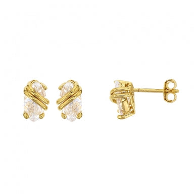 Gold plated stud earrings featuring oval shaped cubic zirconia covered with 2 strands