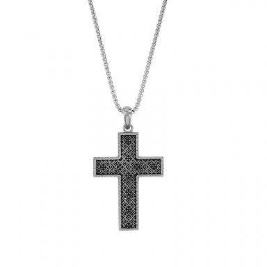 Large Baroque cross necklace in steel with black tinted cubic zirconia