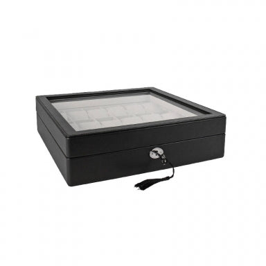 Large black leather case for displaying up to 18 watches with glass window