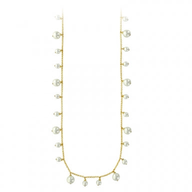 Long gold-coloured brass chain necklace featuring white Majorica pearls