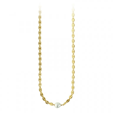 Long gold-coloured brass coffee bean chain necklace with white Majorica baroque pearl