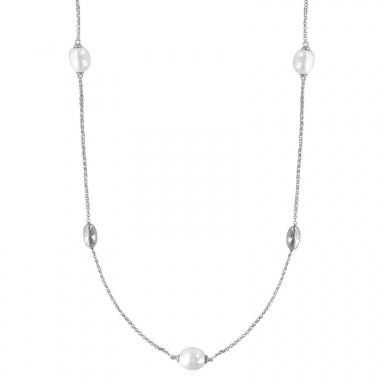 Long rhodium-plated sterling silver necklace with beads and cultured freshwater pearls