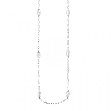 Long rhodium-plated sterling silver trace chain necklace with cultured freshwater pearls