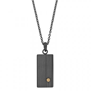 Men's black steel necklace with striped rectangular pendant with gold-coloured detail