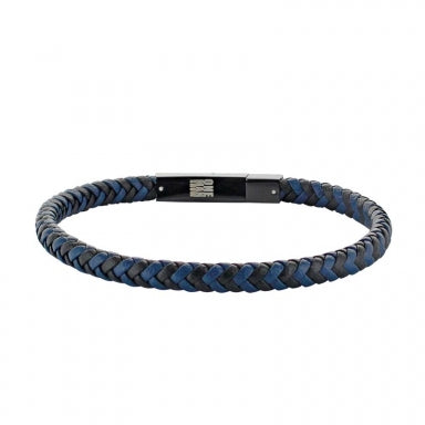 Men's slender black and blue plaited cowhide bracelet with steel clasp