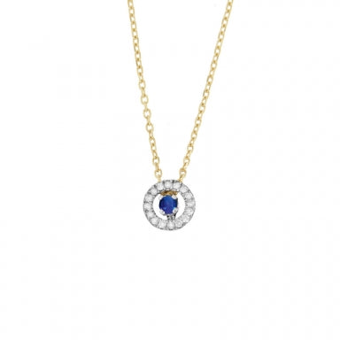 Necklace 18ct gold and Ceylan sapphire with Diamond, center stone 2,5 mm with halo setting 16 diamonds 0,10 ct HSI quality