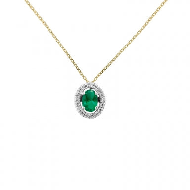 Necklace 18ct gold and Emerald with Diamond, centre stone 6x4 mm with halo setting 17 diamonds 0,12 ct HSI quality