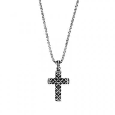 Necklace with small steel Gothic cross and black tinted cubic zirconia, patterned pendant ring