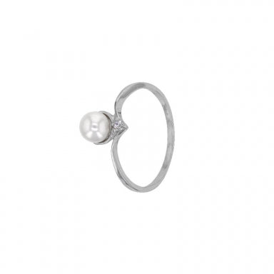 Off-centre cultured freshwater pearl and cubic zirconia ring in rhodium-plated sterling silver