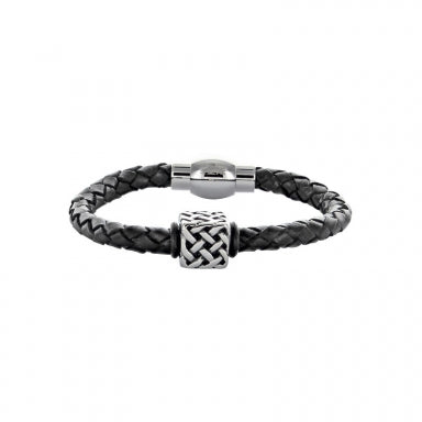 Plaited leather bracelet with celtic look stainless steel detail