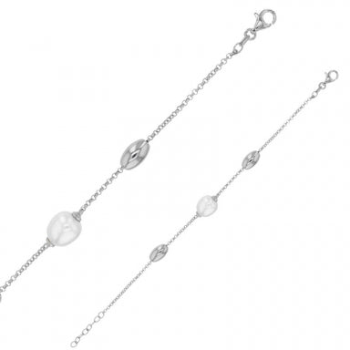 Rhodium-plated sterling silver belcher chain bracelet with cultured freshwater pearl and beads