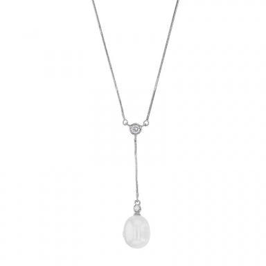 Rhodium-plated sterling silver necklace with cubic zirconia and cultured freshwater pearl