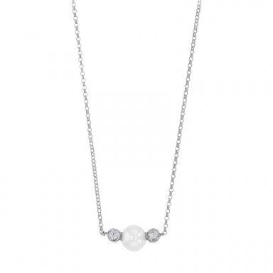 Rhodium-plated sterling silver necklace with cultured freshwater pearl and cubic zirconia